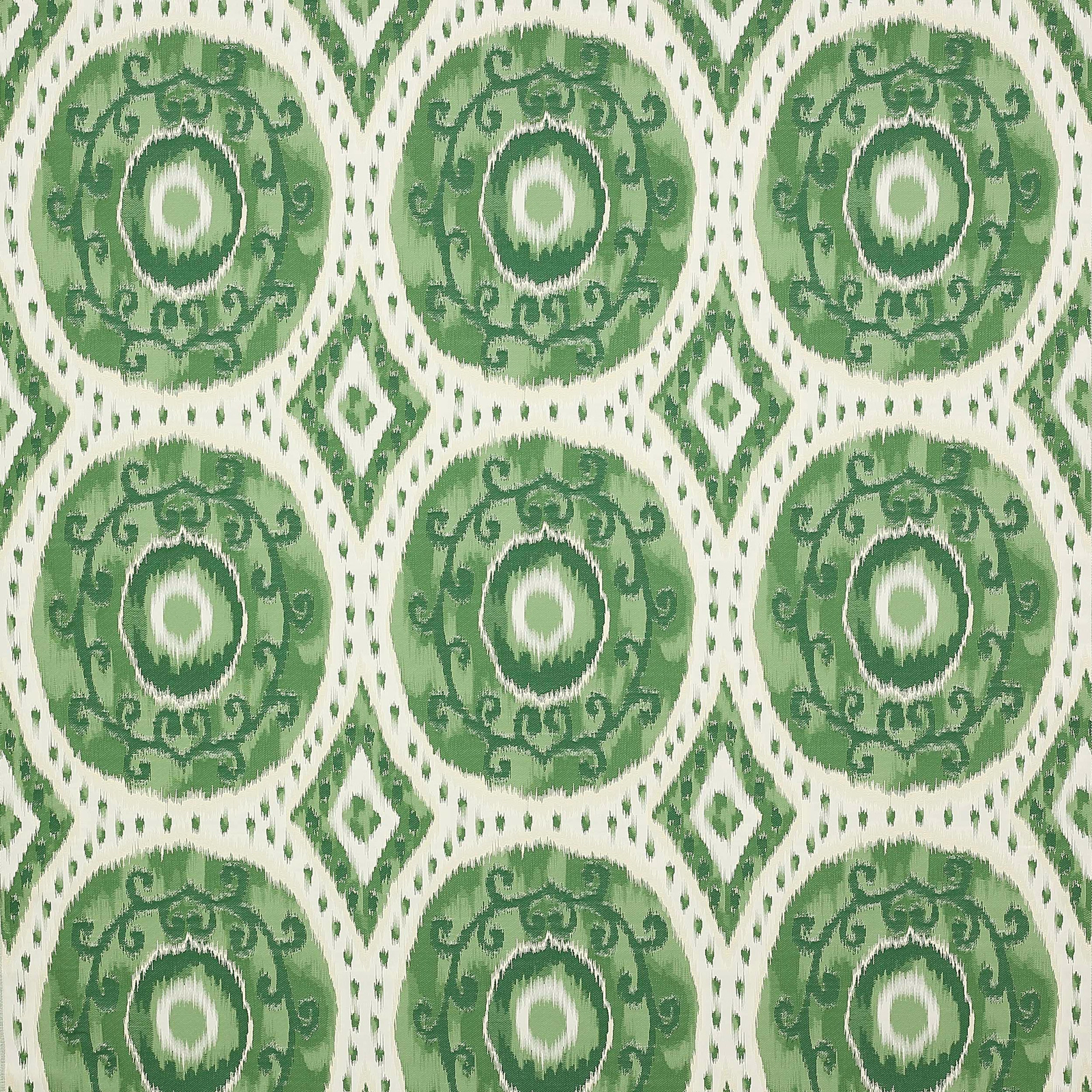 Emerald green circular medallion fabric with cream ground and woven texture
