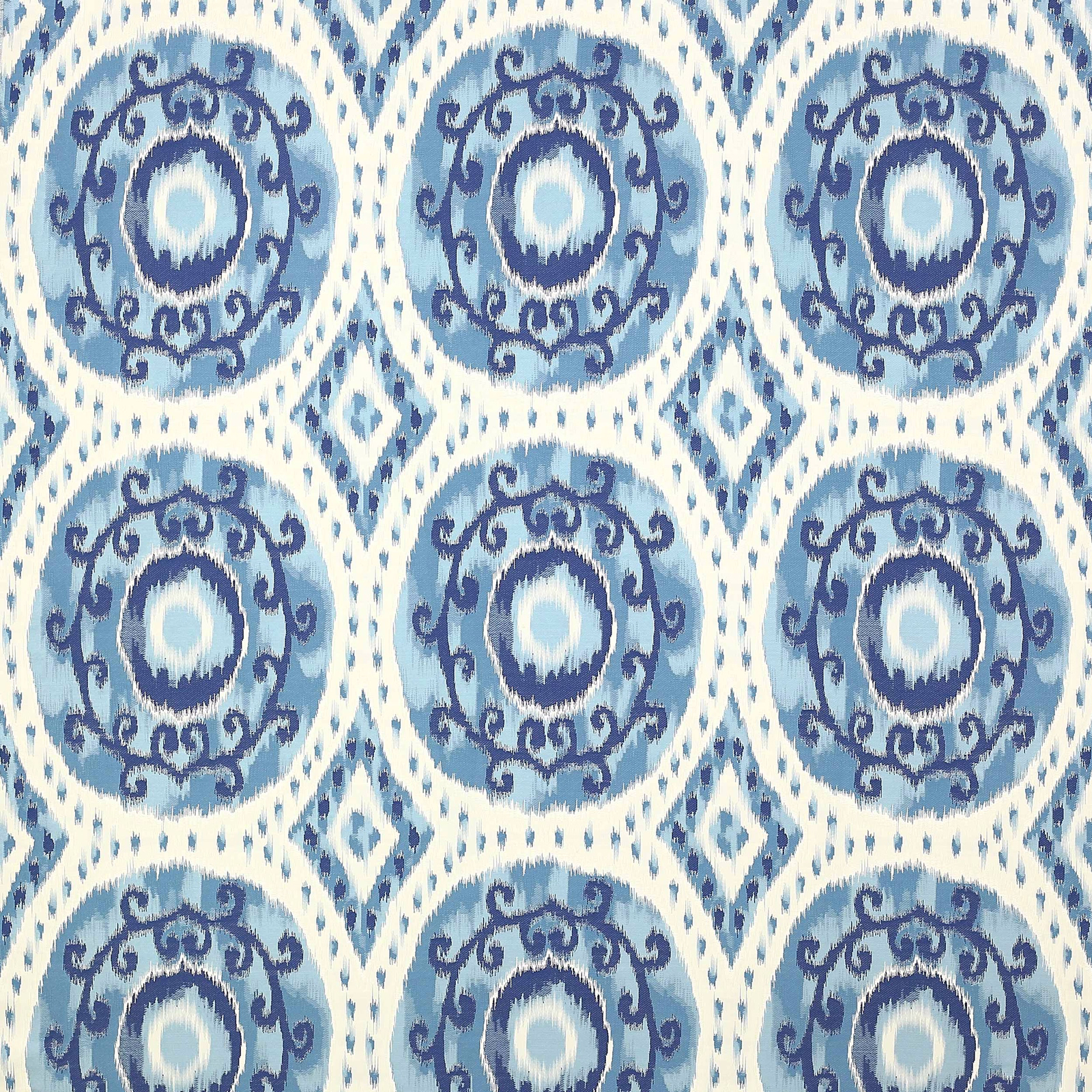 Blue and ivory woven damask fabric with circular medallion motifs