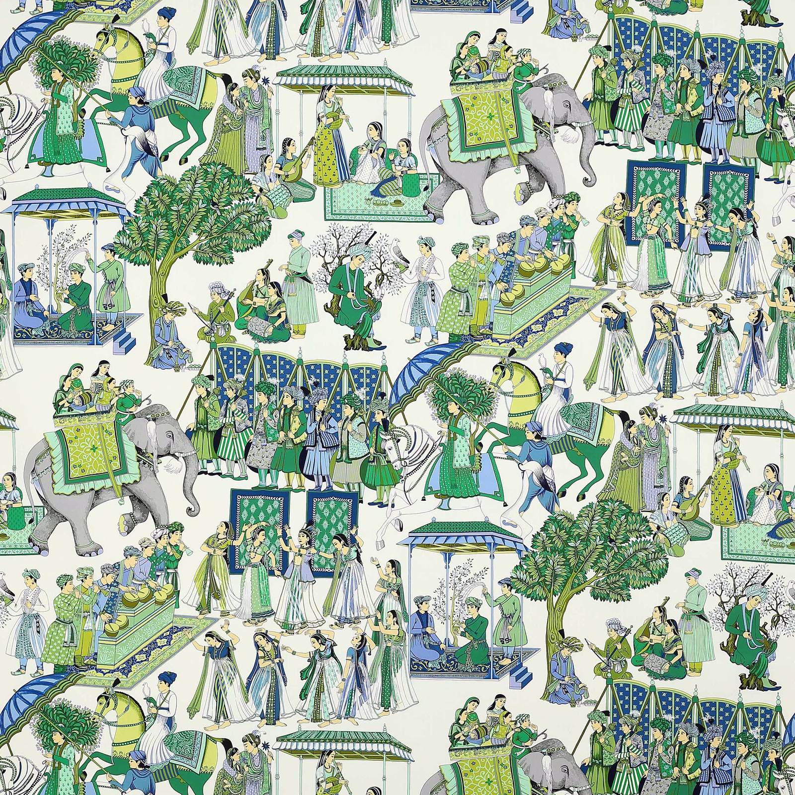 Large-scale figurative cotton print in Prussian blue and green on an ivory ground