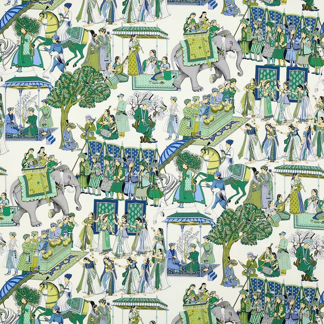 Large-scale figurative cotton print in Prussian blue and green on an ivory ground
