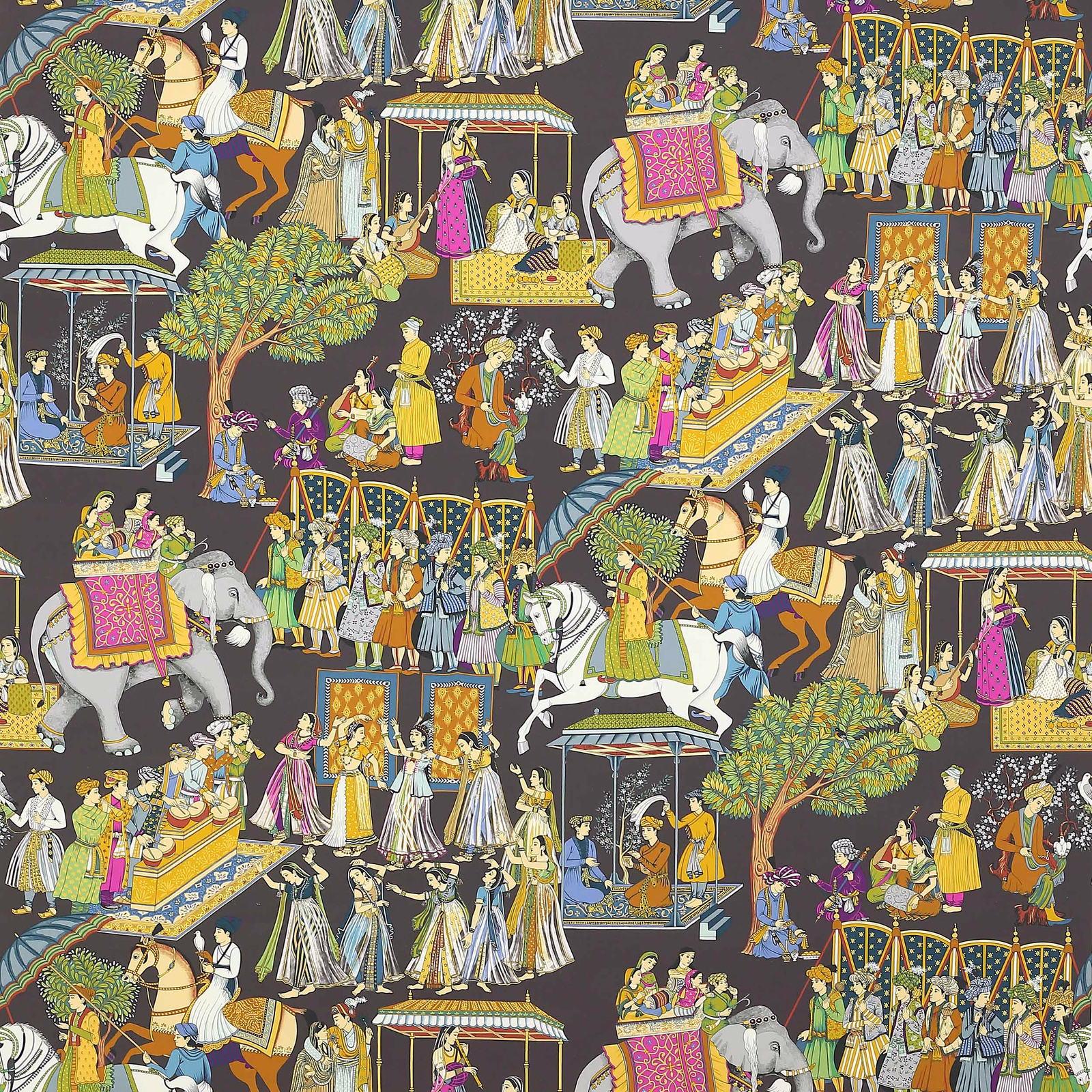 Illustrated cotton fabric with procession figures on a charcoal ground