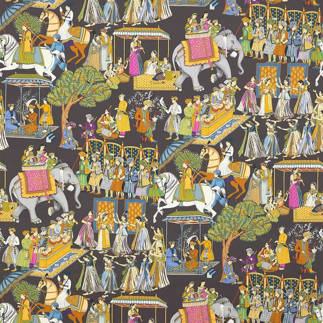 Illustrated cotton fabric with procession figures on a charcoal ground