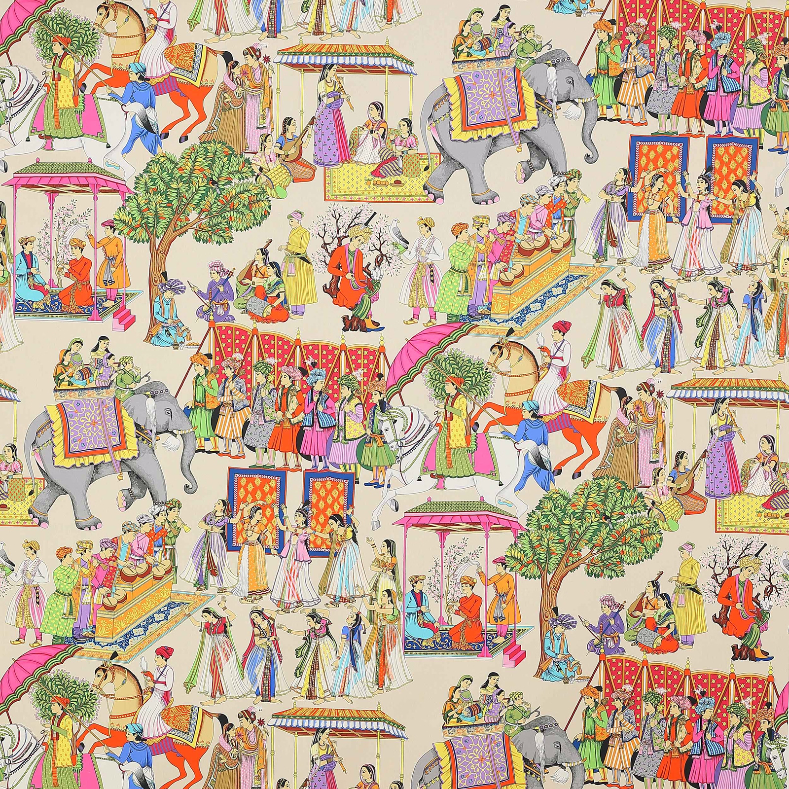Printed cotton swatch with ivory ground, colourful procession figures and elephants
