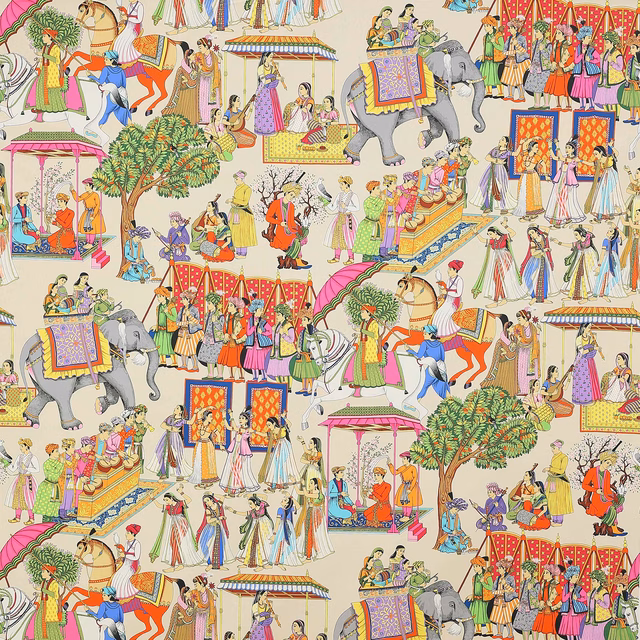 Printed cotton swatch with ivory ground, colourful procession figures and elephants