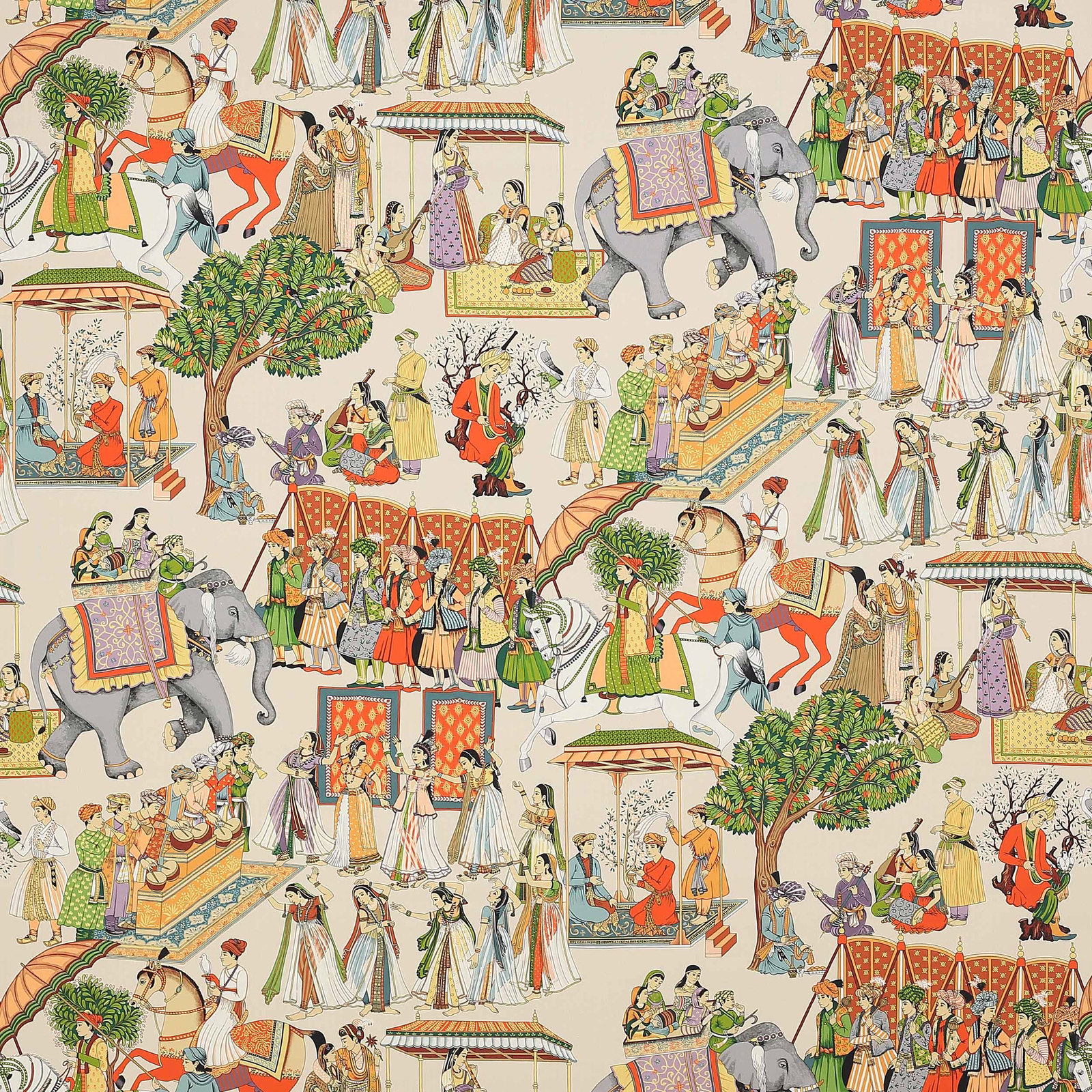 Printed cotton fabric with tangerine ground, figures, elephants and parasols