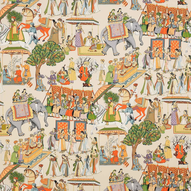 Printed cotton fabric with tangerine ground, figures, elephants and parasols