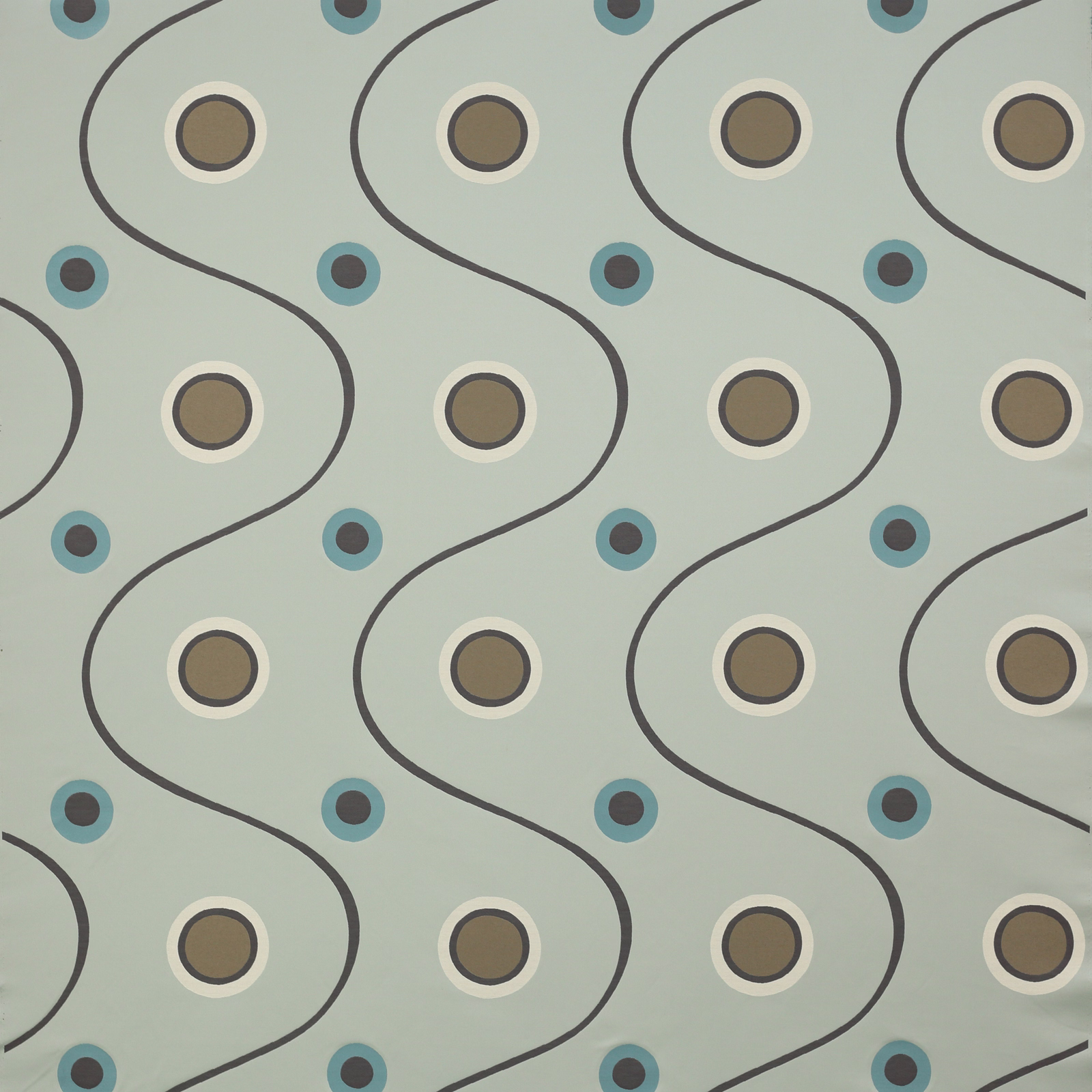 Celadon fabric swatch with wavy black lines and blue ring motifs