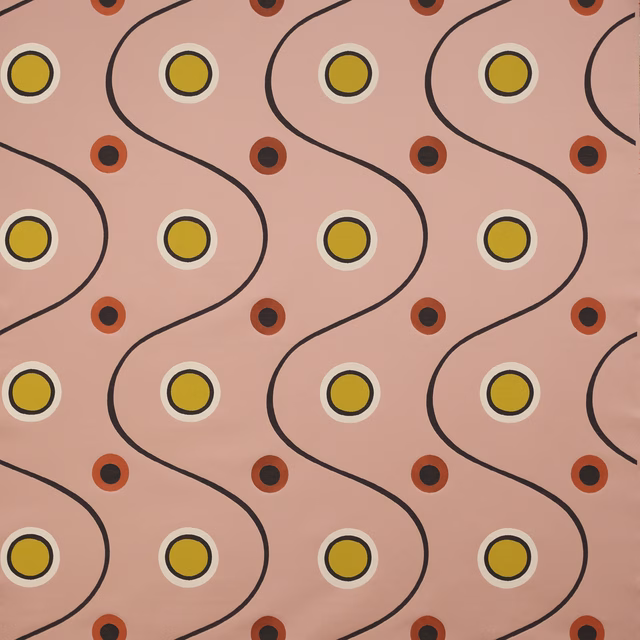 Pink printed fabric with wavy black lines and yellow and coral circle motifs