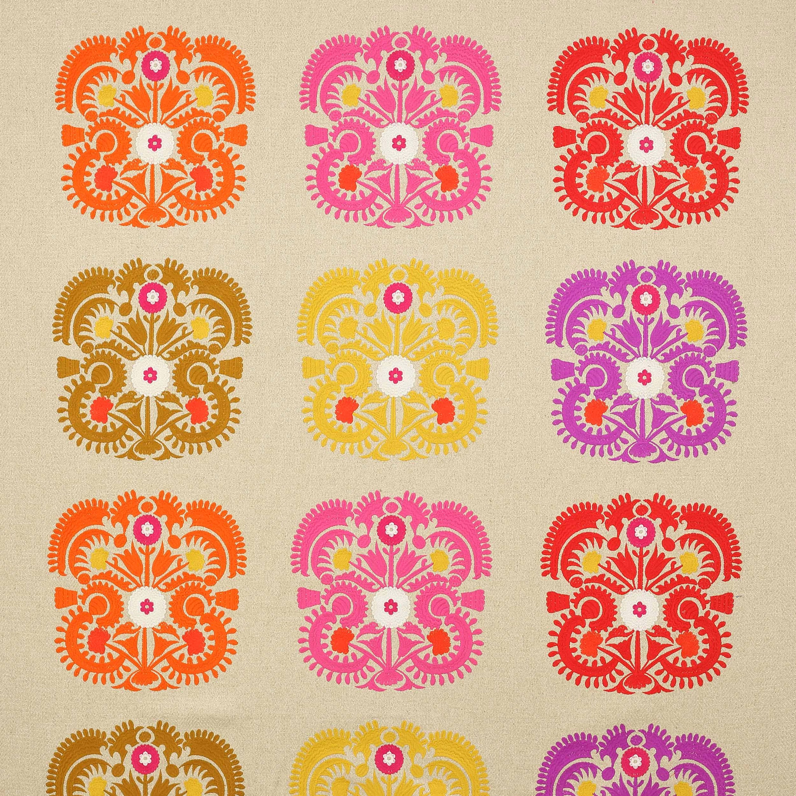 Beige fabric swatch with bold multicolour floral damask medallions