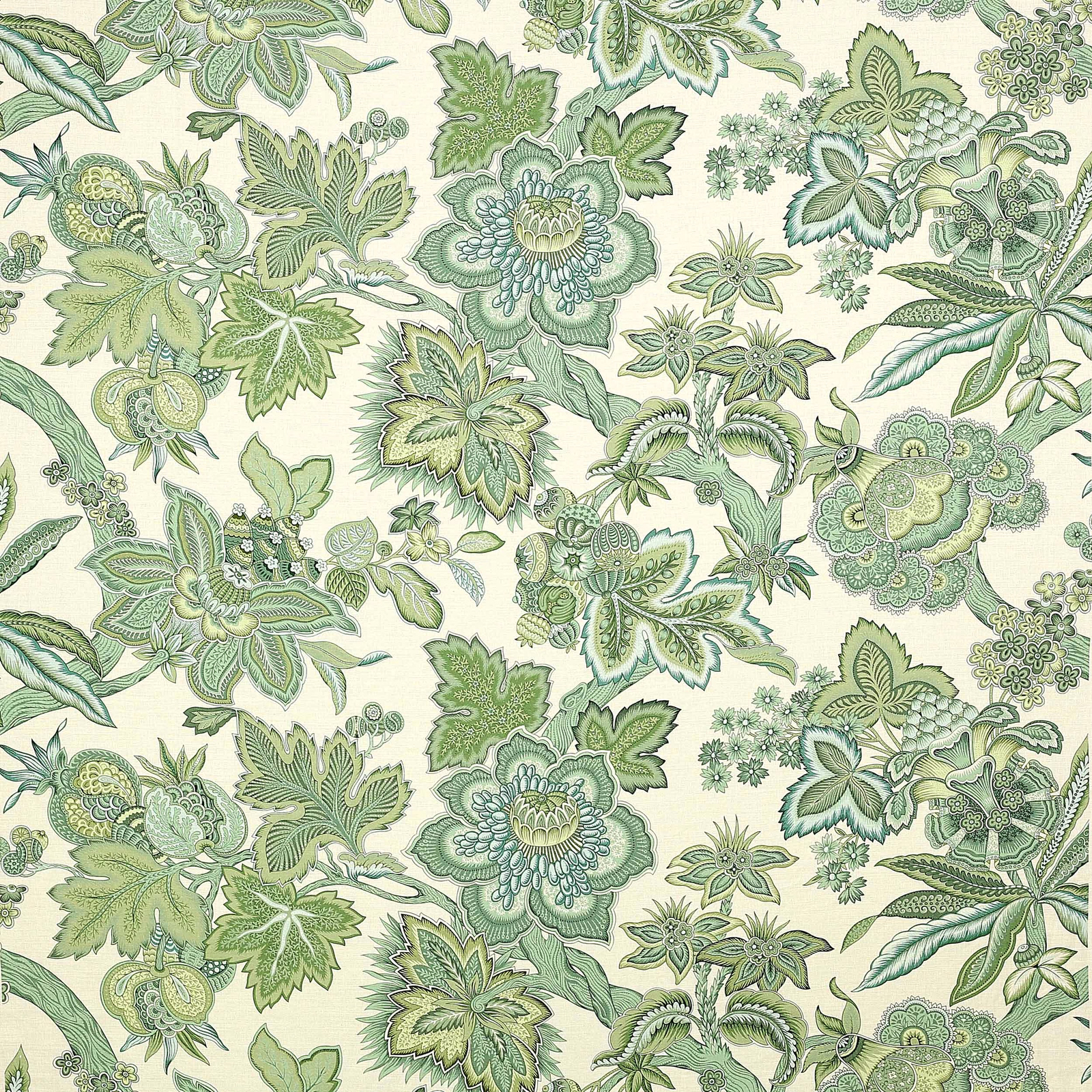 Large botanical floral linen fabric in soft jade and sage green on a pale ground