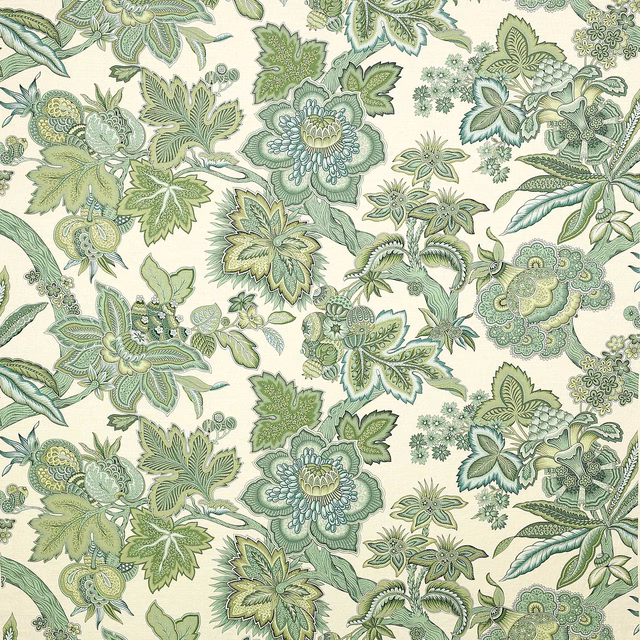 Large botanical floral linen fabric in soft jade and sage green on a pale ground