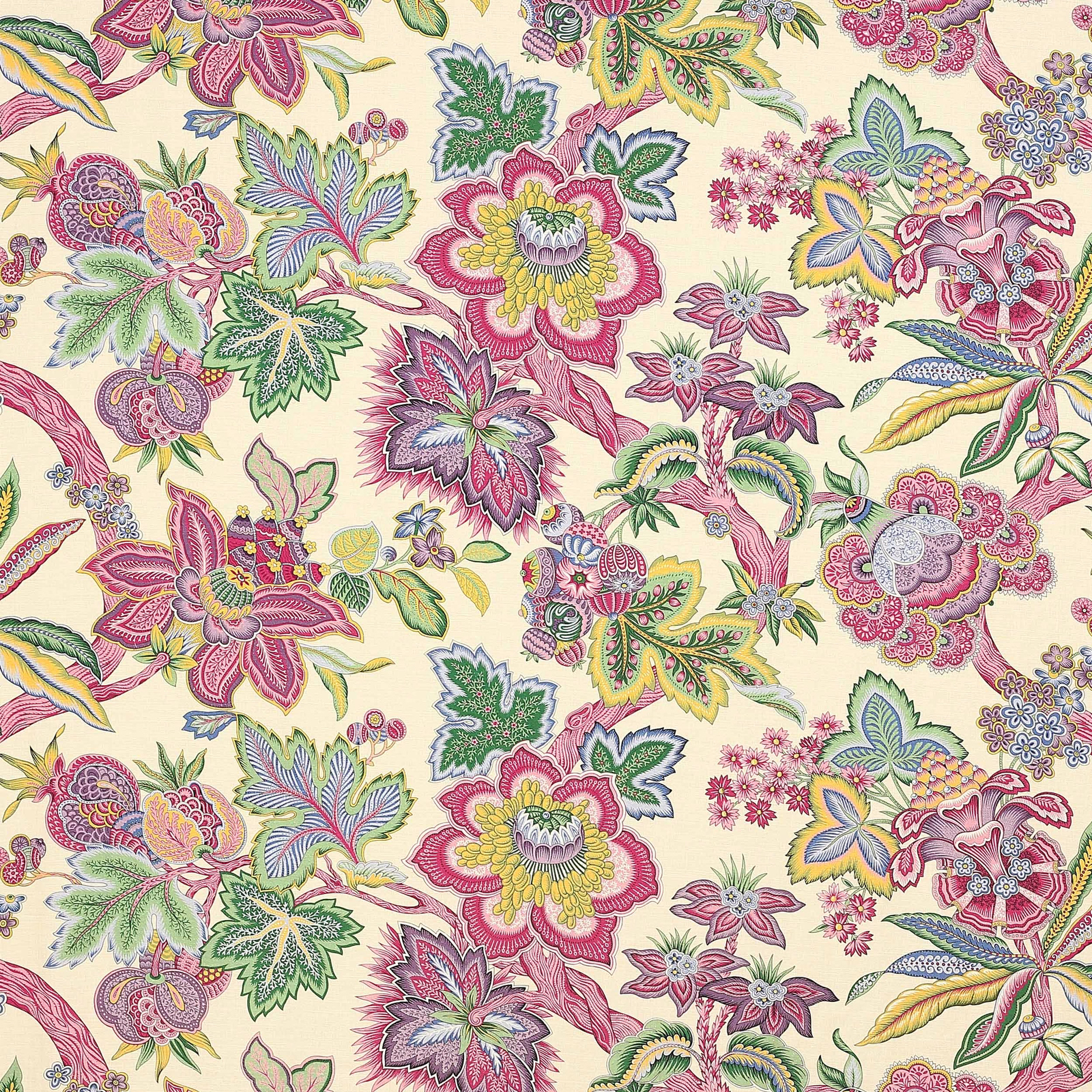 Cream linen fabric with scattered multicolour floral motifs in pink, green and yellow