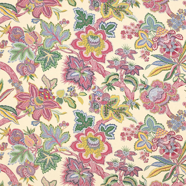 Cream linen fabric with scattered multicolour floral motifs in pink, green and yellow