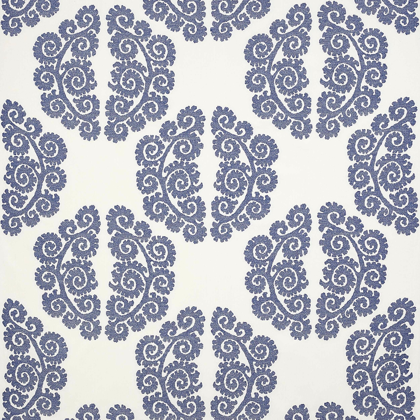 Blue scrolling damask motif on a pale cream woven fabric swatch