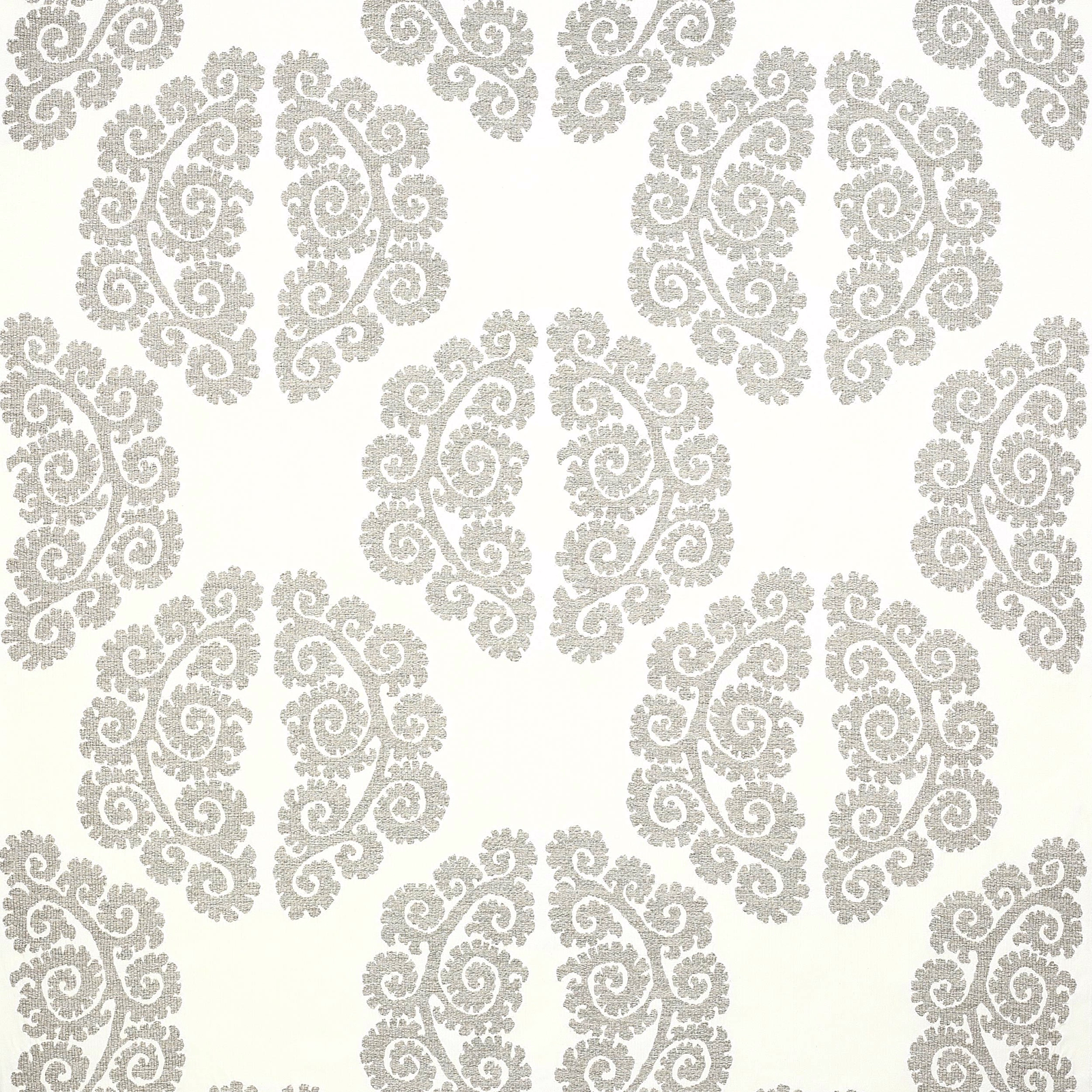 Pale fabric swatch with soft silver-grey damask motifs on an ivory ground