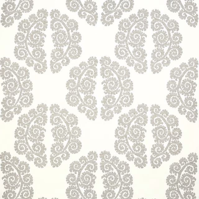 Pale fabric swatch with soft silver-grey damask motifs on an ivory ground