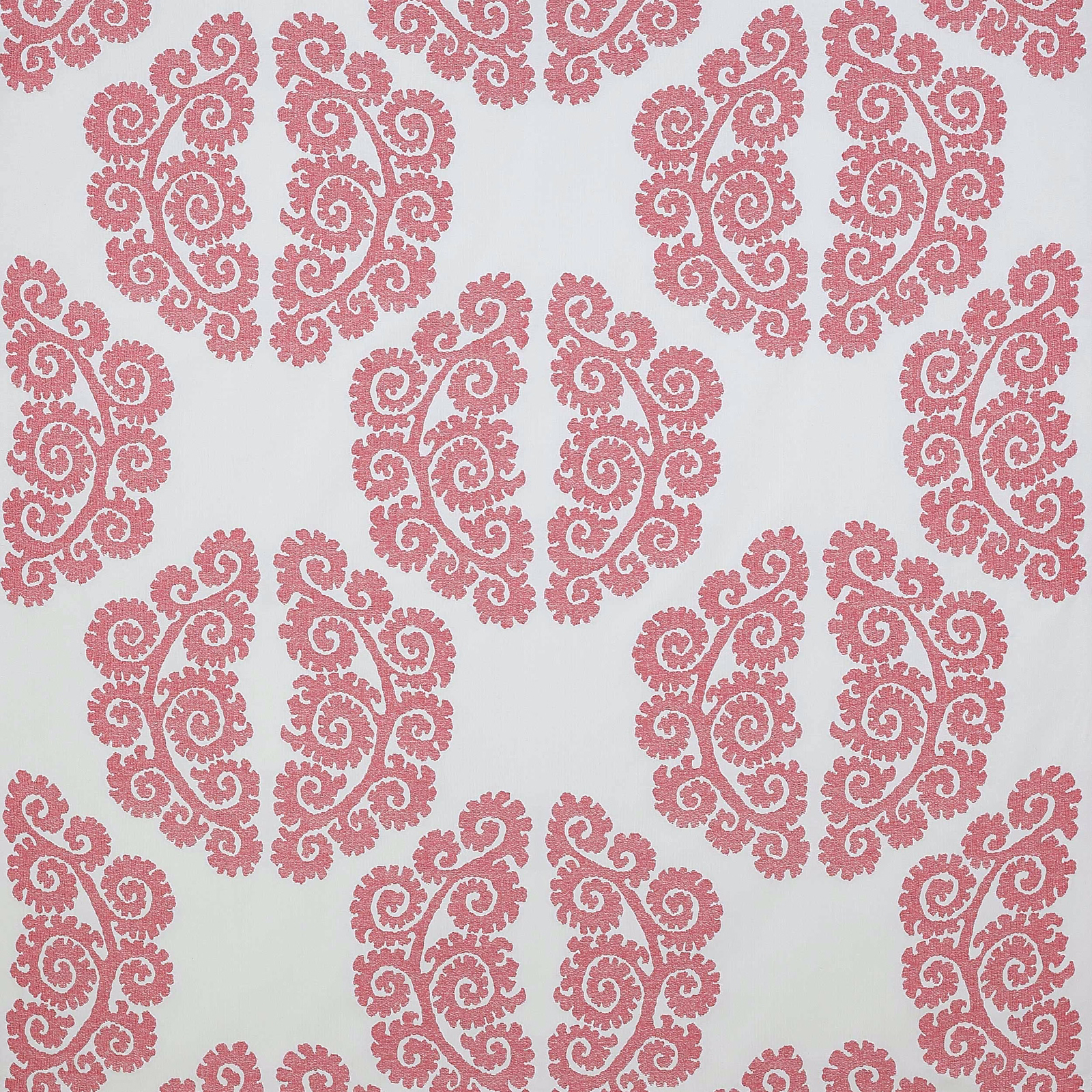 Pink damask-style scroll motif on a pale ground, shown as a fabric swatch