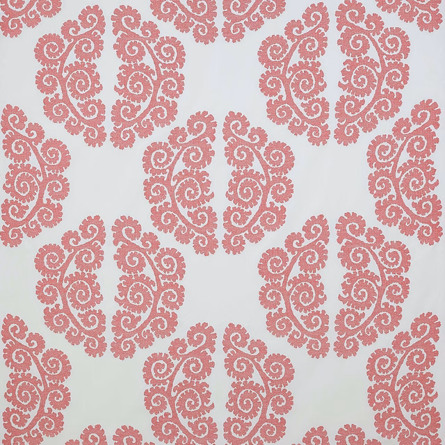Pink damask-style scroll motif on a pale ground, shown as a fabric swatch