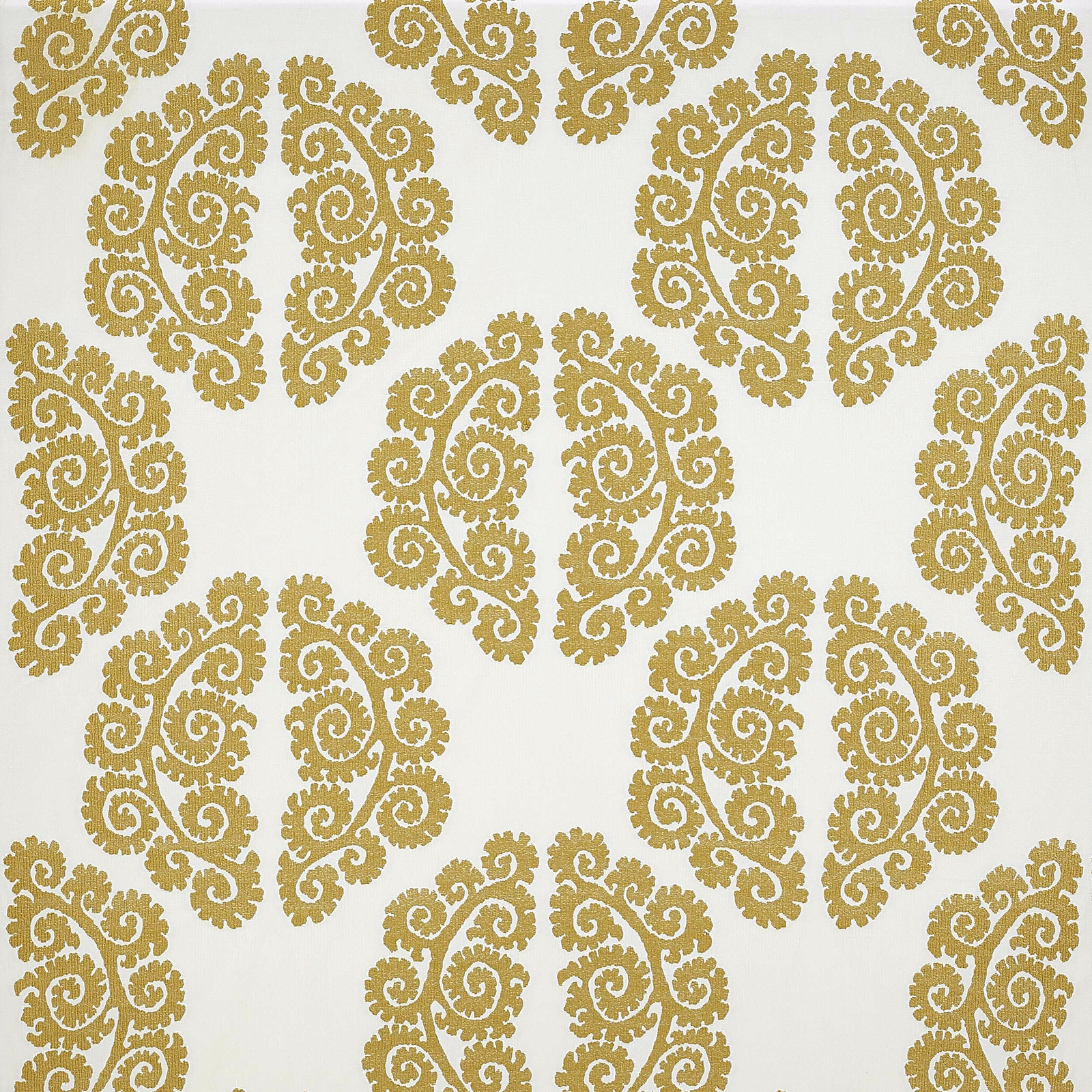 Cream fabric swatch with large mustard-gold scrolling damask motifs
