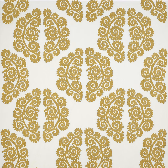 Cream fabric swatch with large mustard-gold scrolling damask motifs