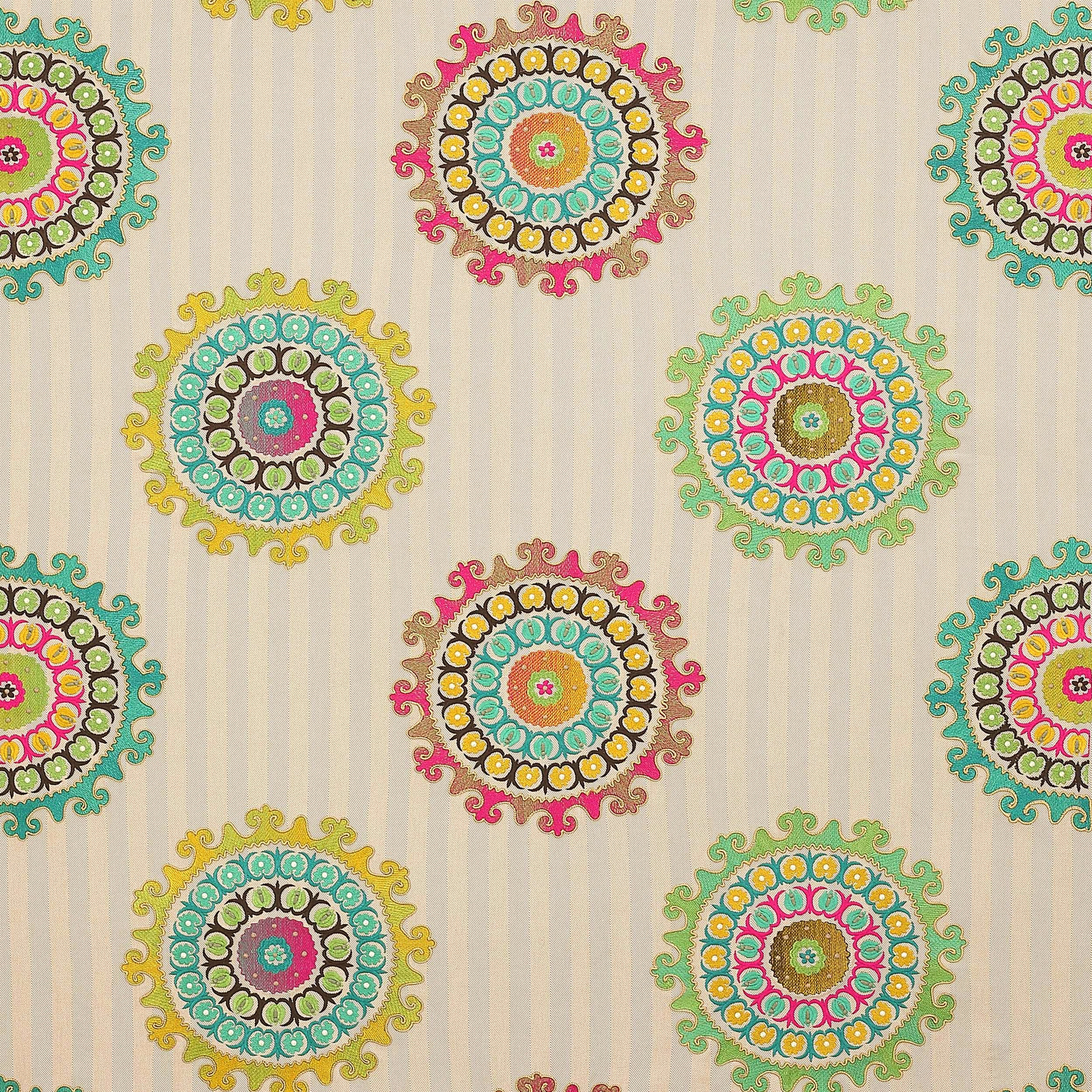 Cream patterned fabric with bright circular medallions in turquoise, pink, lime and yellow