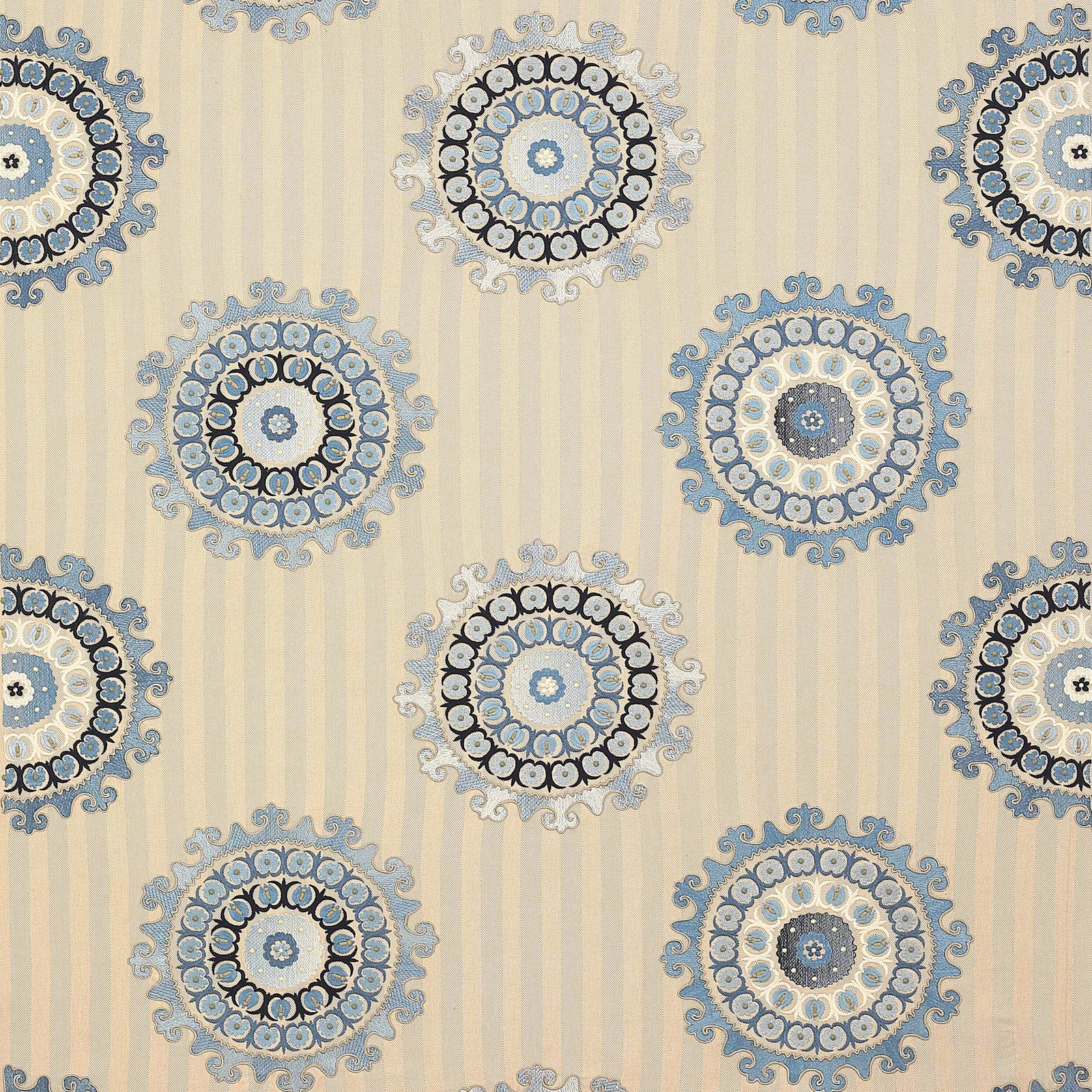 Pale cream patterned fabric with large celeste blue circular medallions