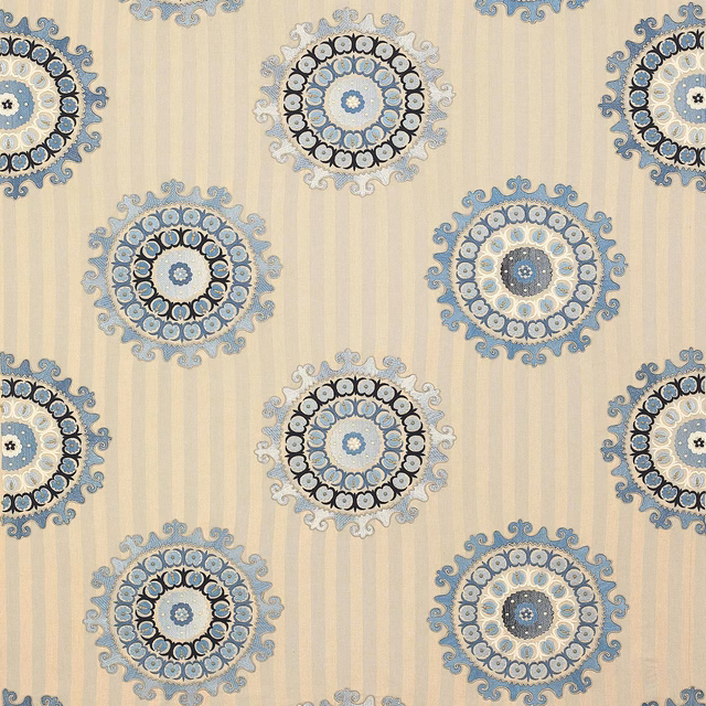 Pale cream patterned fabric with large celeste blue circular medallions