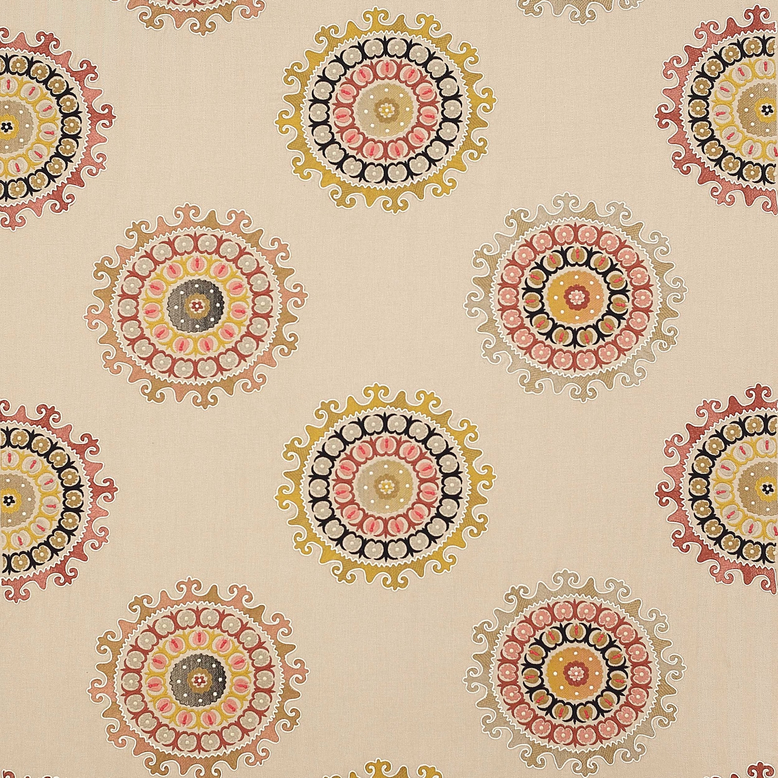 Cream fabric swatch with circular coral, gold and black medallion motifs