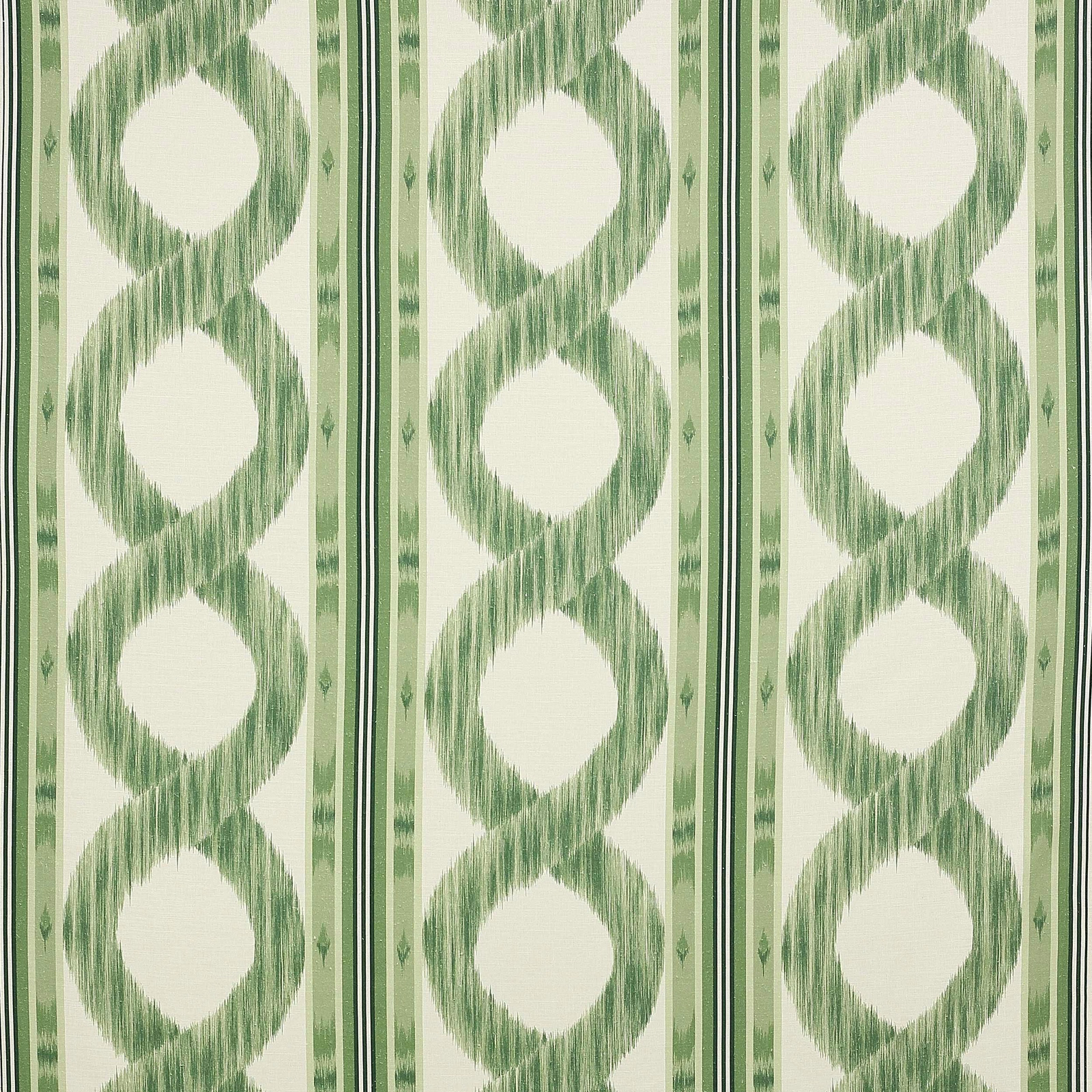 Green striped linen swatch with looping vertical motif on a cream ground
