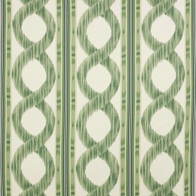 Green striped linen swatch with looping vertical motif on a cream ground