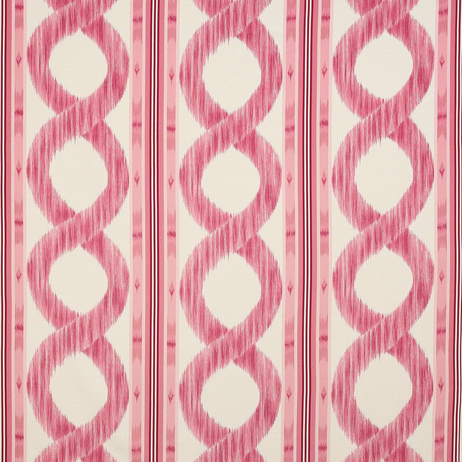 Cream linen fabric with bold rose-pink looped vertical stripes and narrow border bands