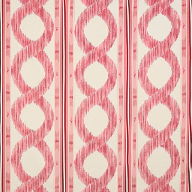 Cream linen fabric with bold rose-pink looped vertical stripes and narrow border bands