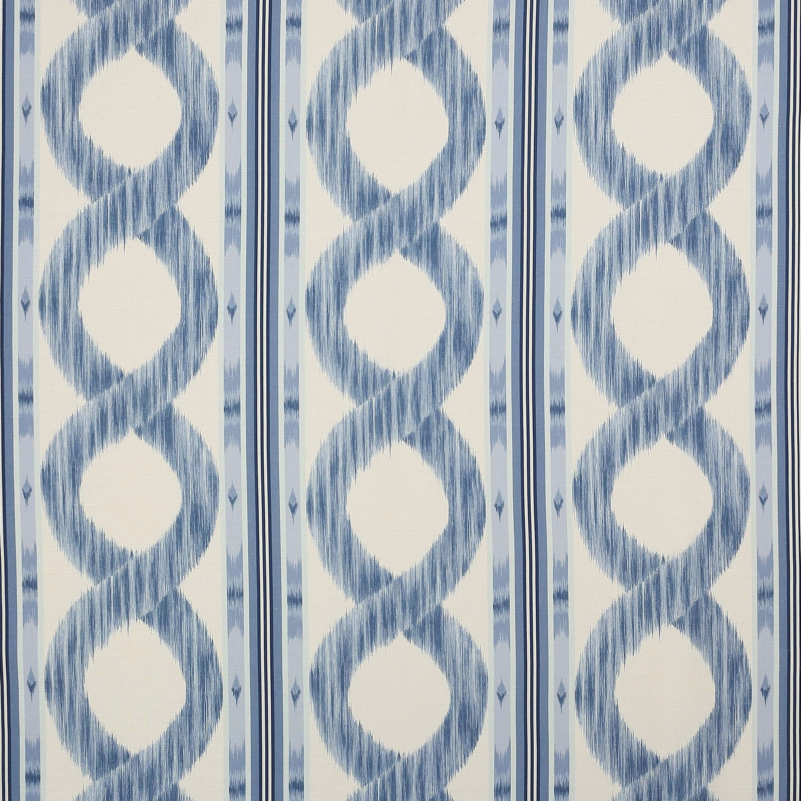 Blue looped geometric linen swatch on an ivory ground with vertical stripe details