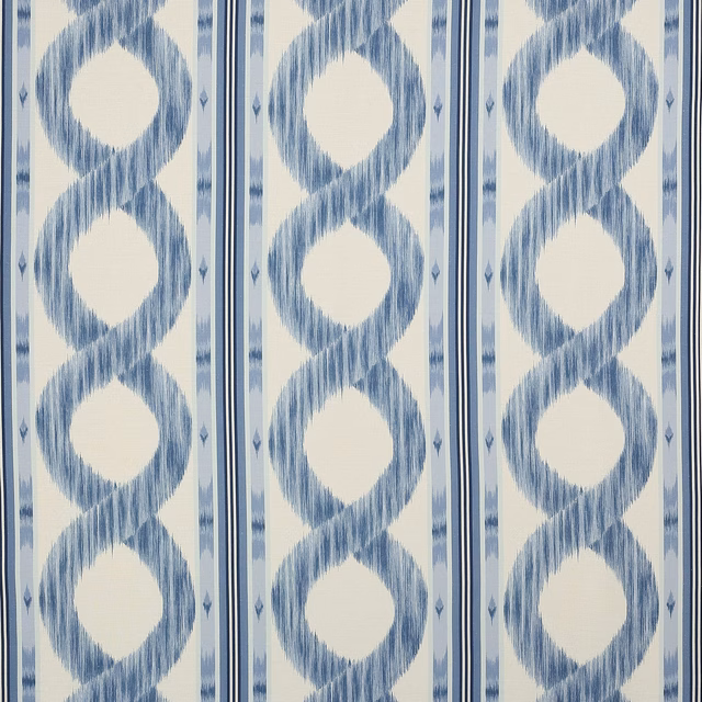 Blue looped geometric linen swatch on an ivory ground with vertical stripe details