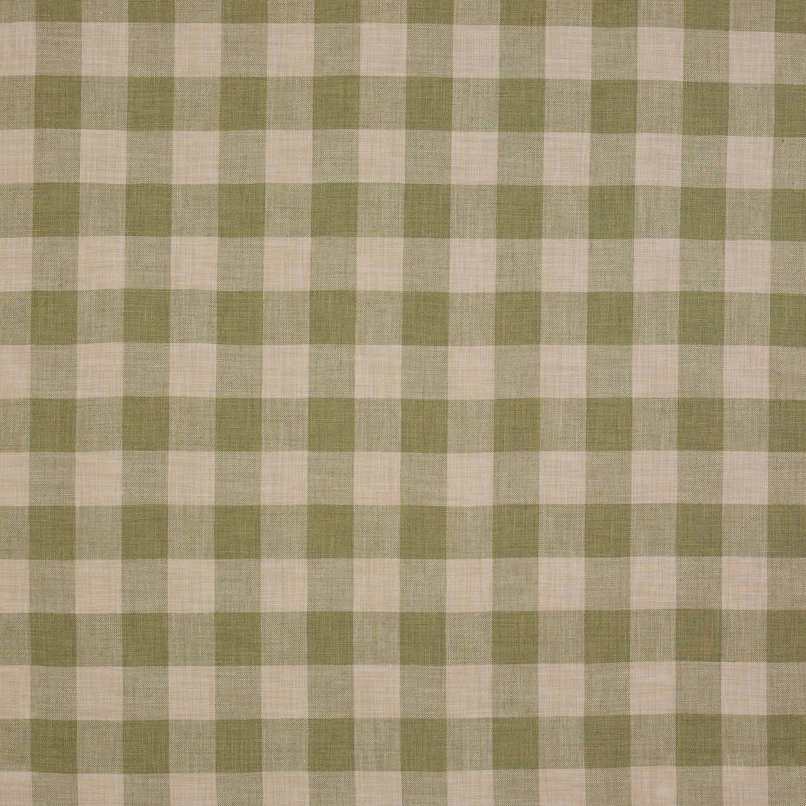 Soft green and cream linen-viscose check fabric with medium-scale plaid weave