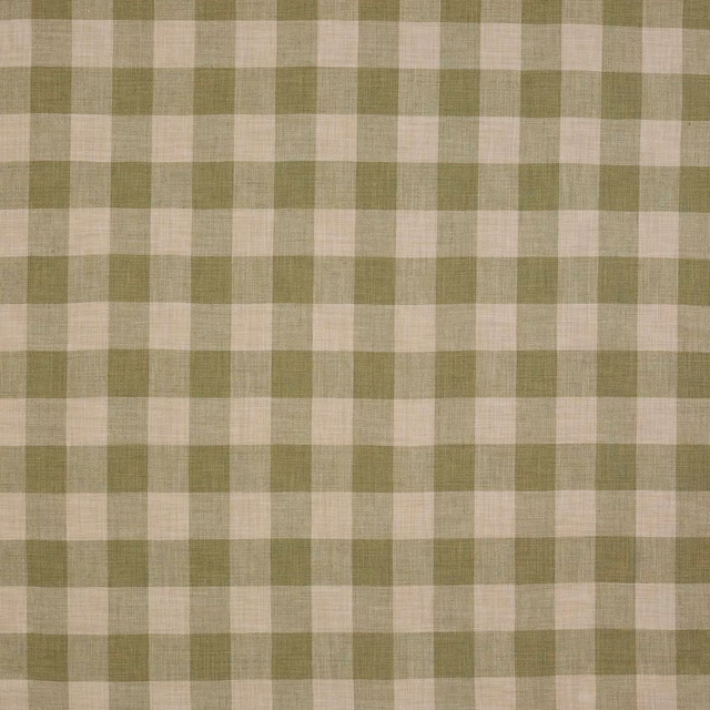 Soft green and cream linen-viscose check fabric with medium-scale plaid weave