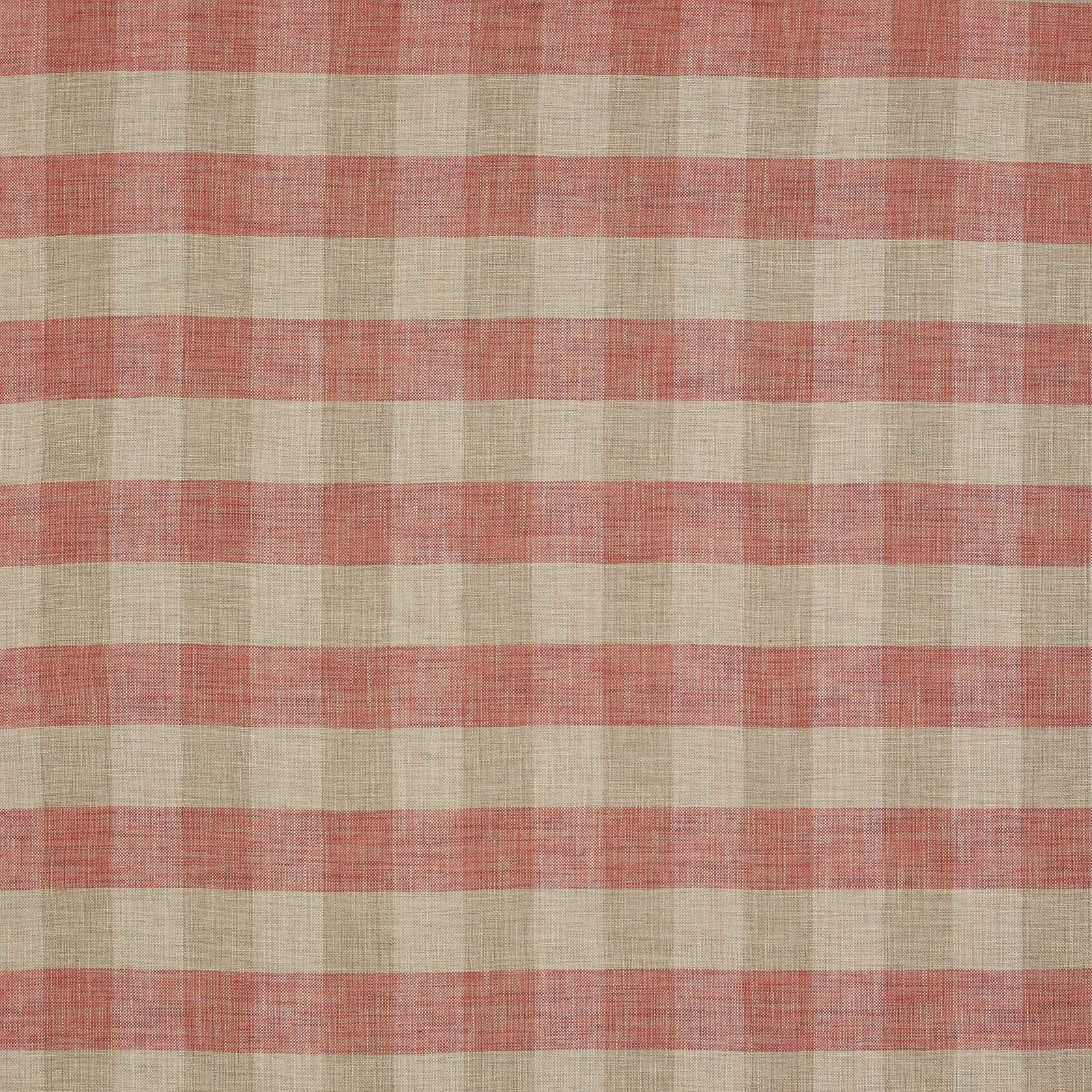 Soft red and sand woven check fabric with a visible linen texture