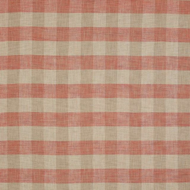 Soft red and sand woven check fabric with a visible linen texture