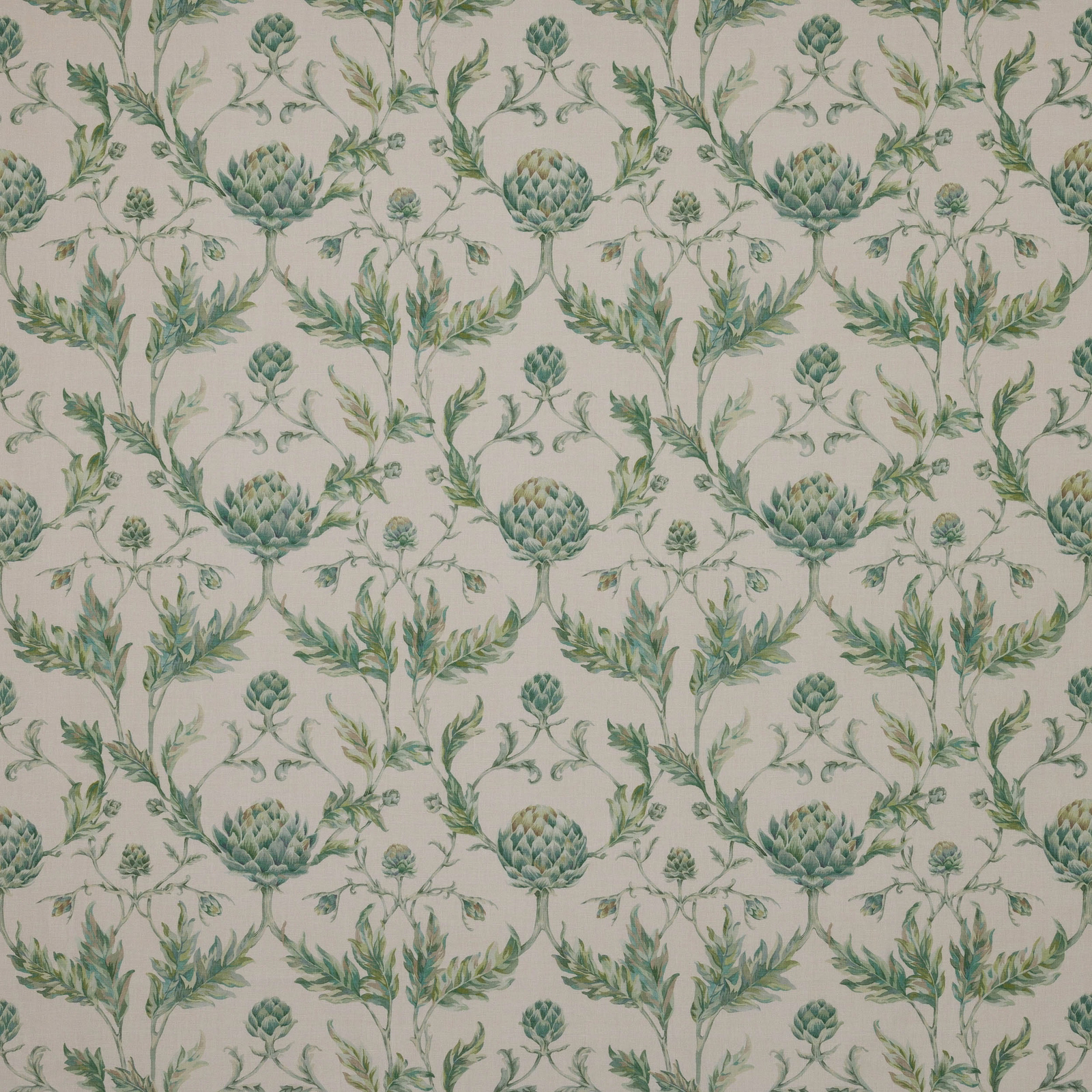 Painterly green botanical linen with artichoke motifs on a pale ground