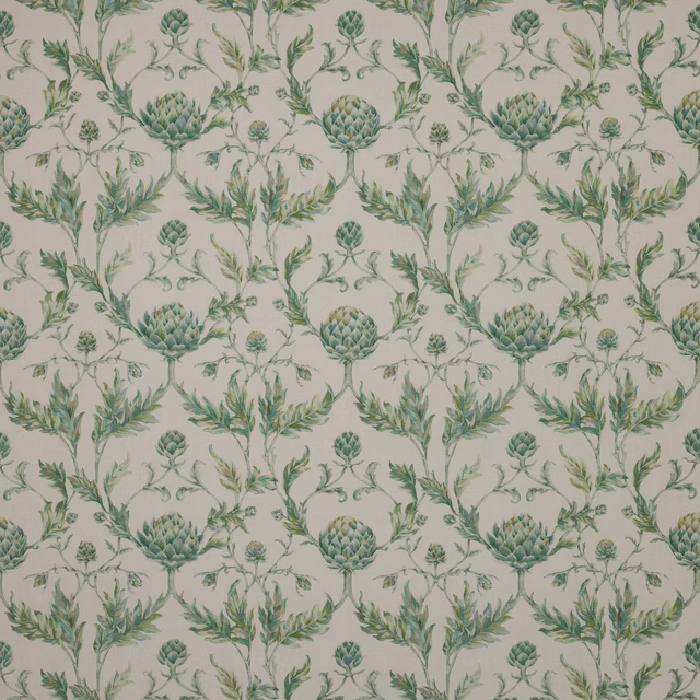 Painterly green botanical linen with artichoke motifs on a pale ground
