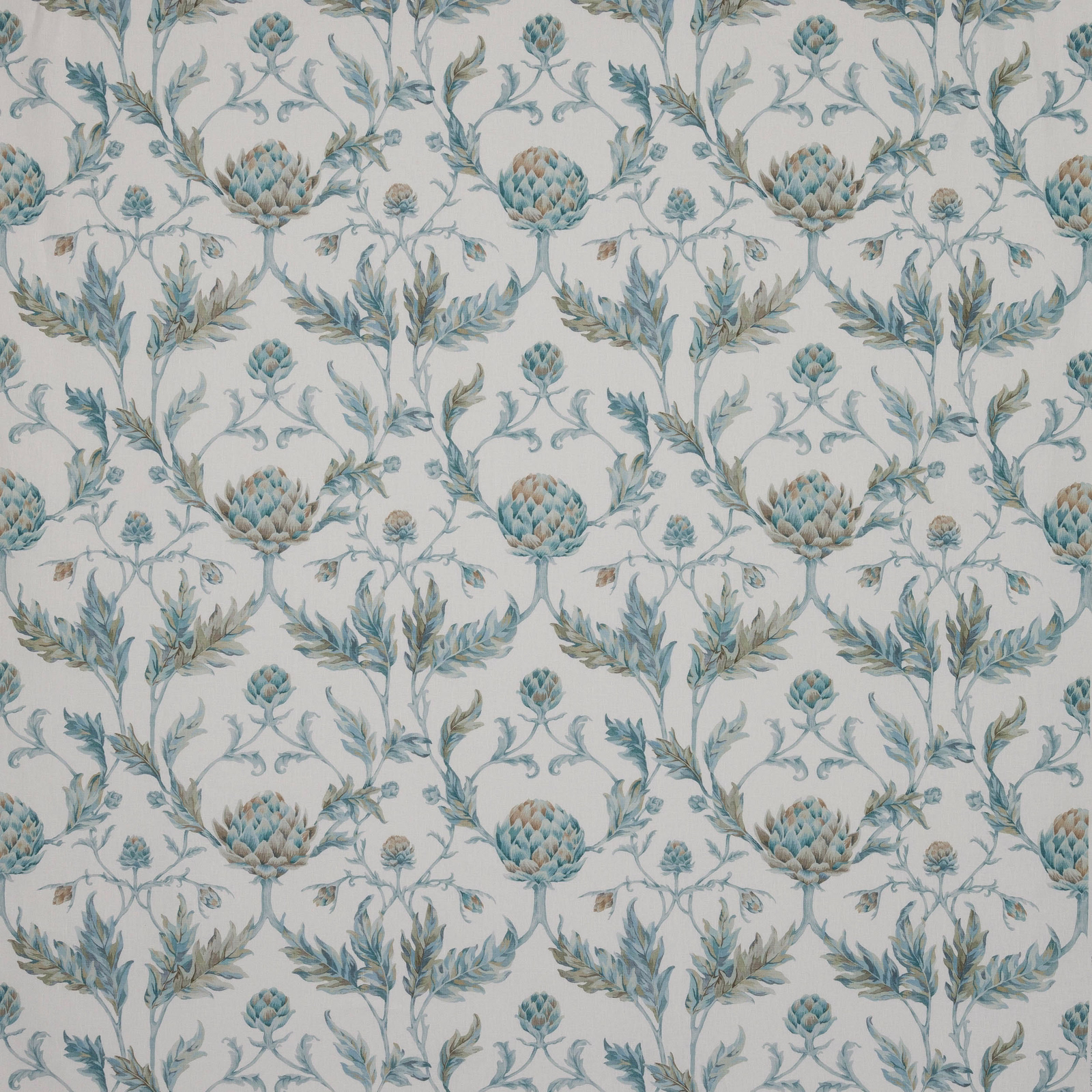 Pale linen fabric with repeating blue-green artichoke and leaf damask motif