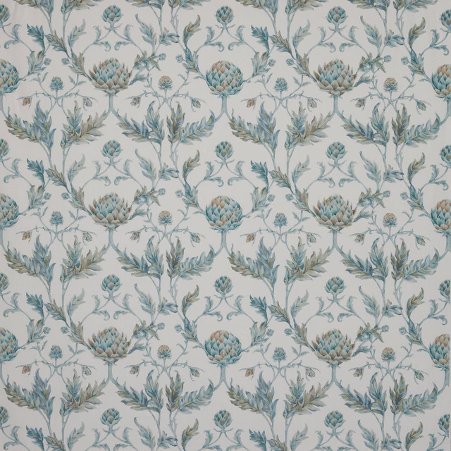 Pale linen fabric with repeating blue-green artichoke and leaf damask motif