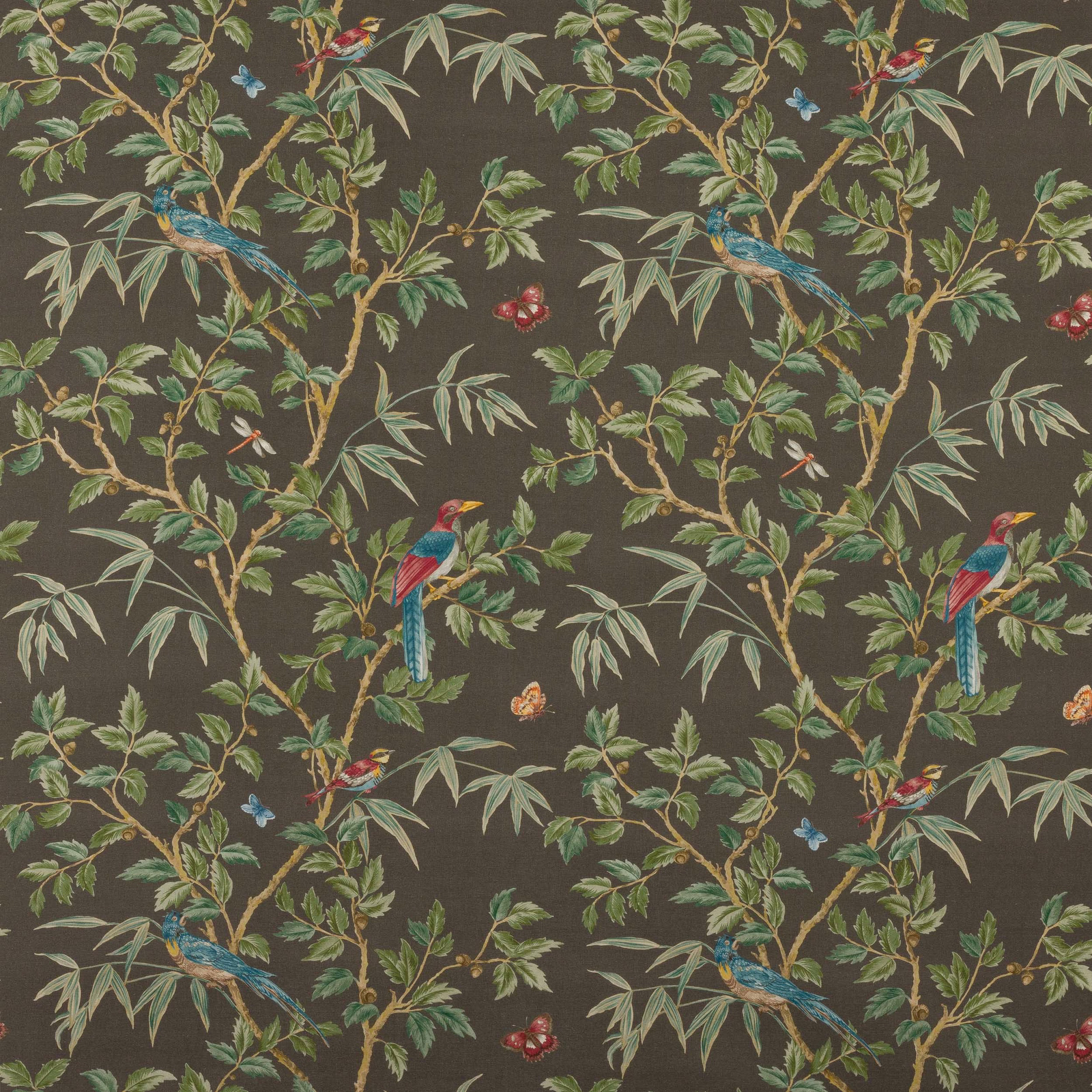 Dark cocoa botanical fabric with leafy branches and colourful birds