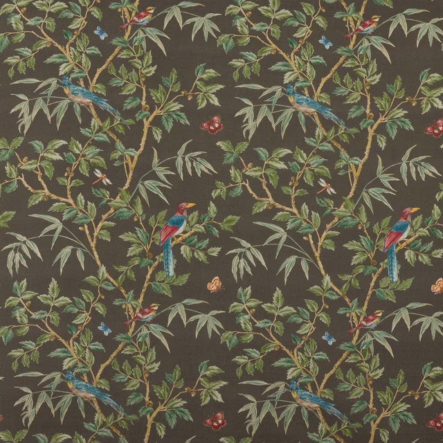 Dark cocoa botanical fabric with leafy branches and colourful birds