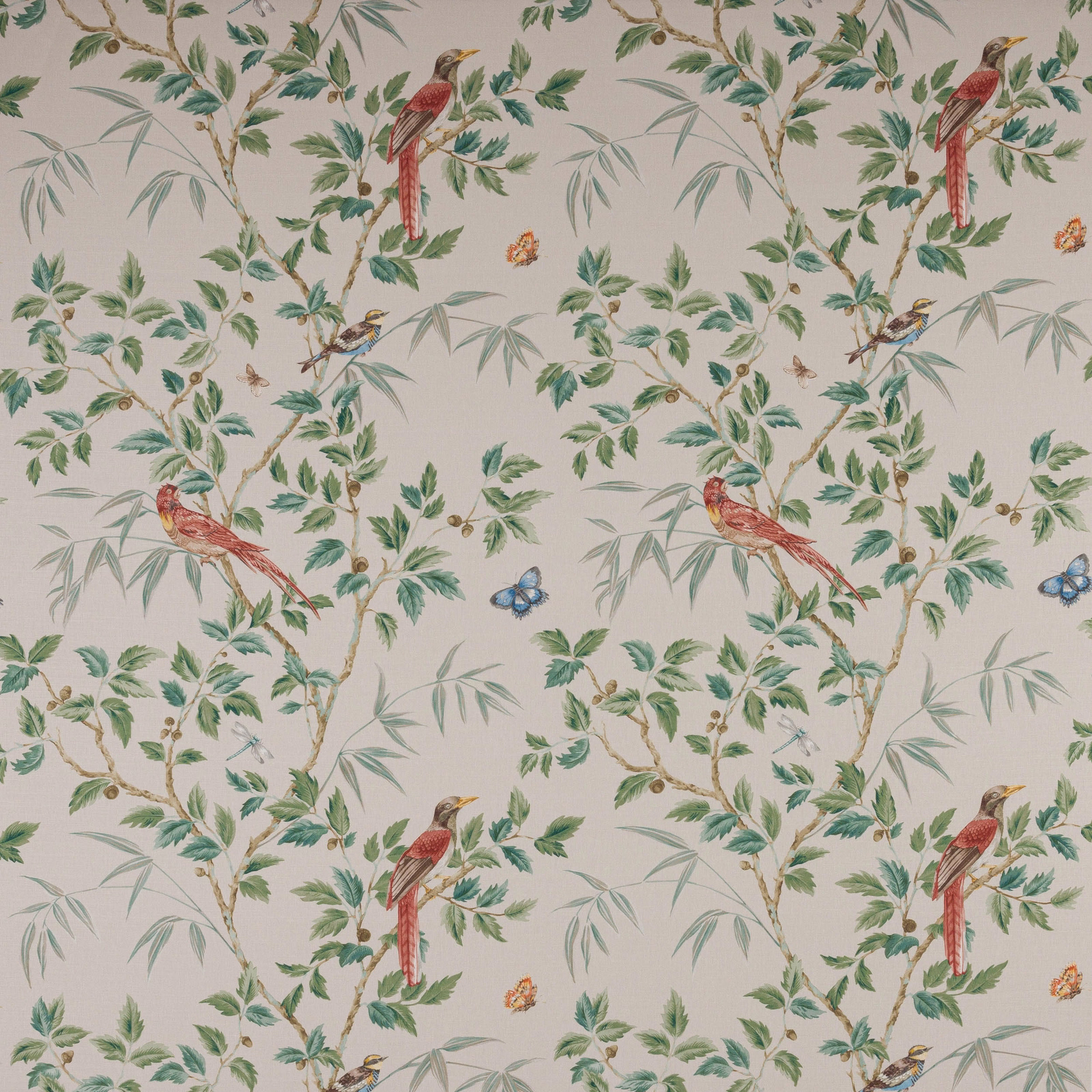 Cream botanical fabric with birds, leafy branches and small butterflies