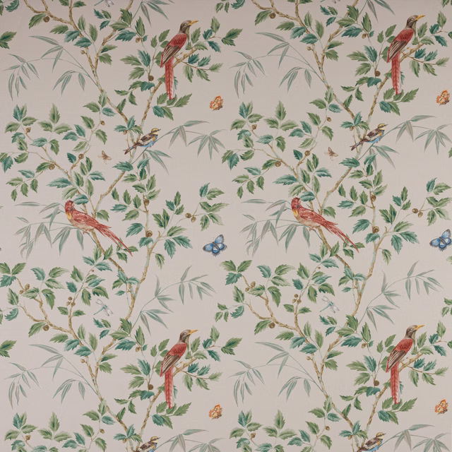 Cream botanical fabric with birds, leafy branches and small butterflies