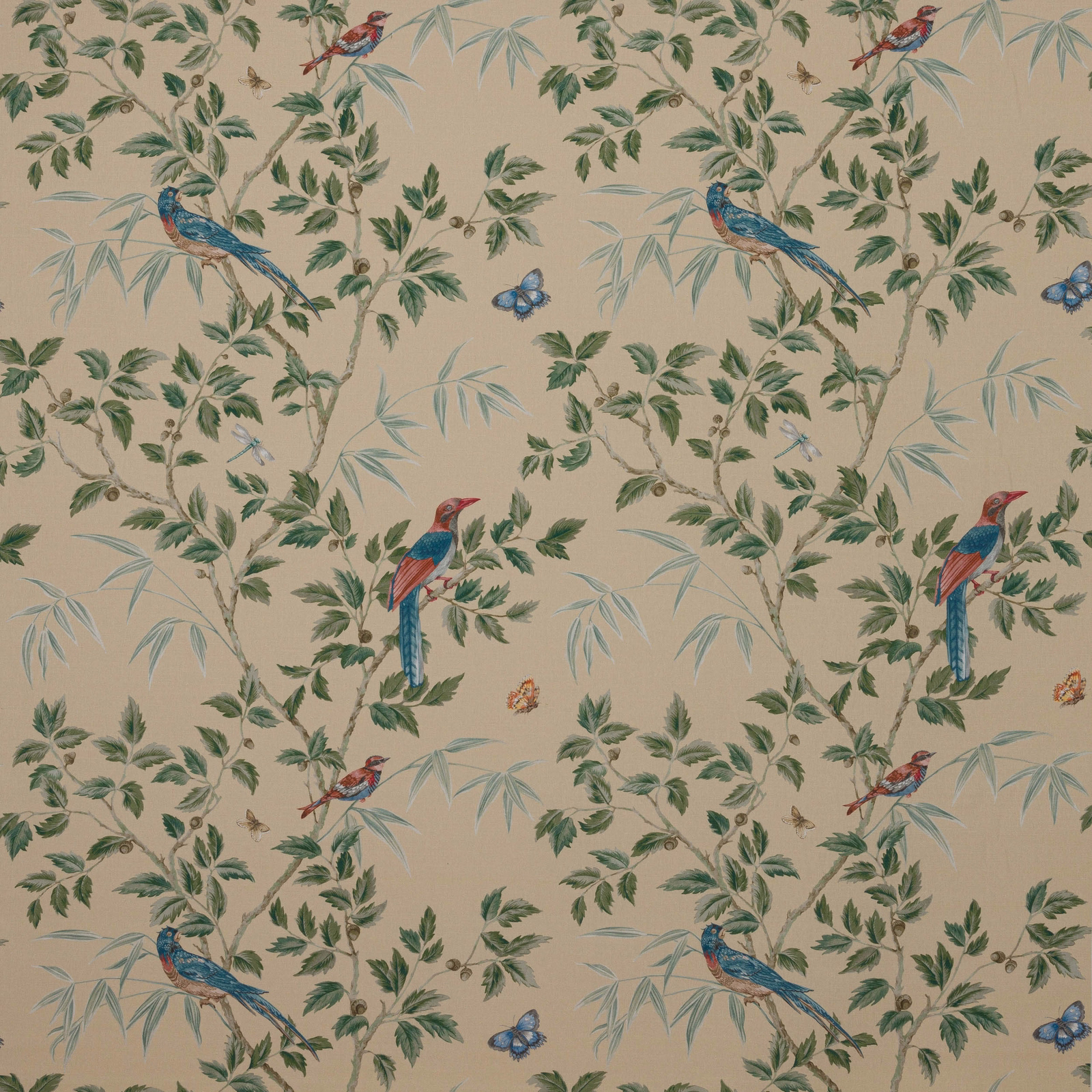 Bird and branch print on a soft parchment-yellow ground with blue accents