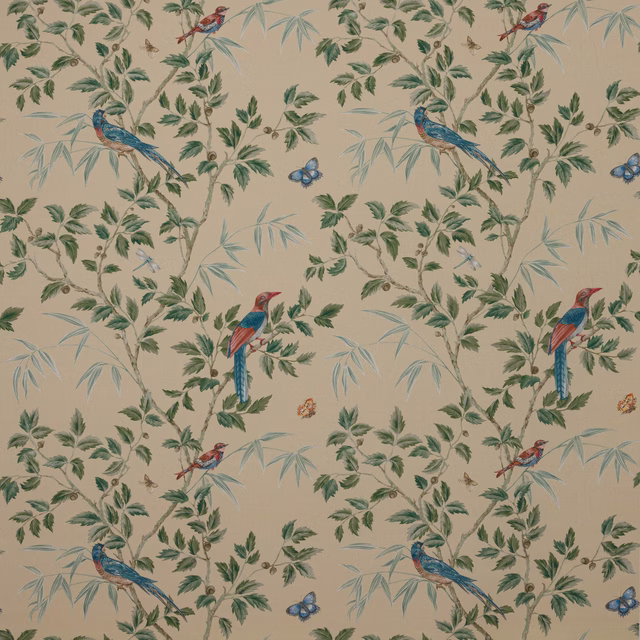 Bird and branch print on a soft parchment-yellow ground with blue accents