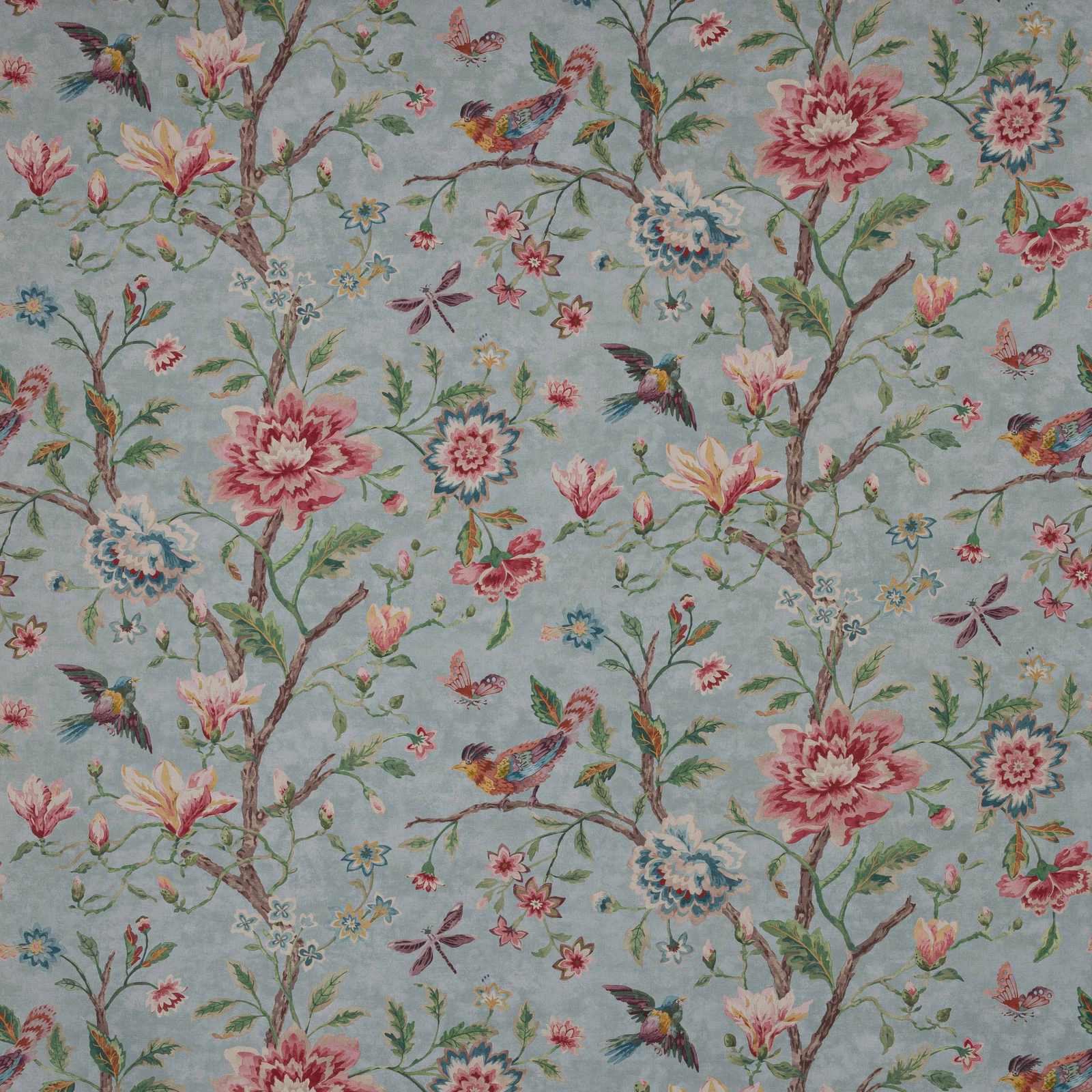 Bird-and-blossom print on a soft aqua ground with pink flowers and green branches