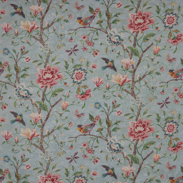 Bird-and-blossom print on a soft aqua ground with pink flowers and green branches